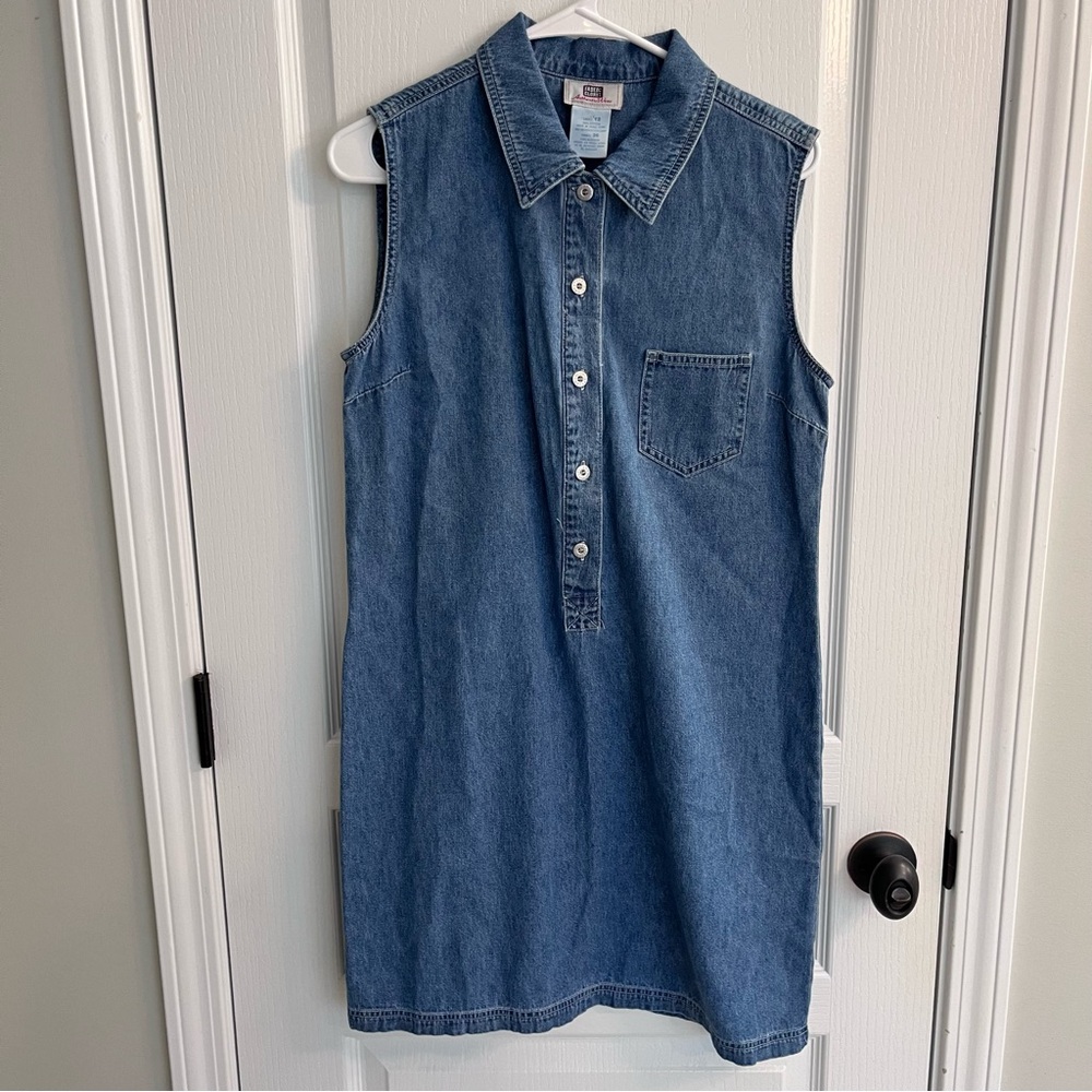 Vintage Faded Glory 90s Y2K Blue Denim Jeans Sleeveless Shirt Button Down Dress